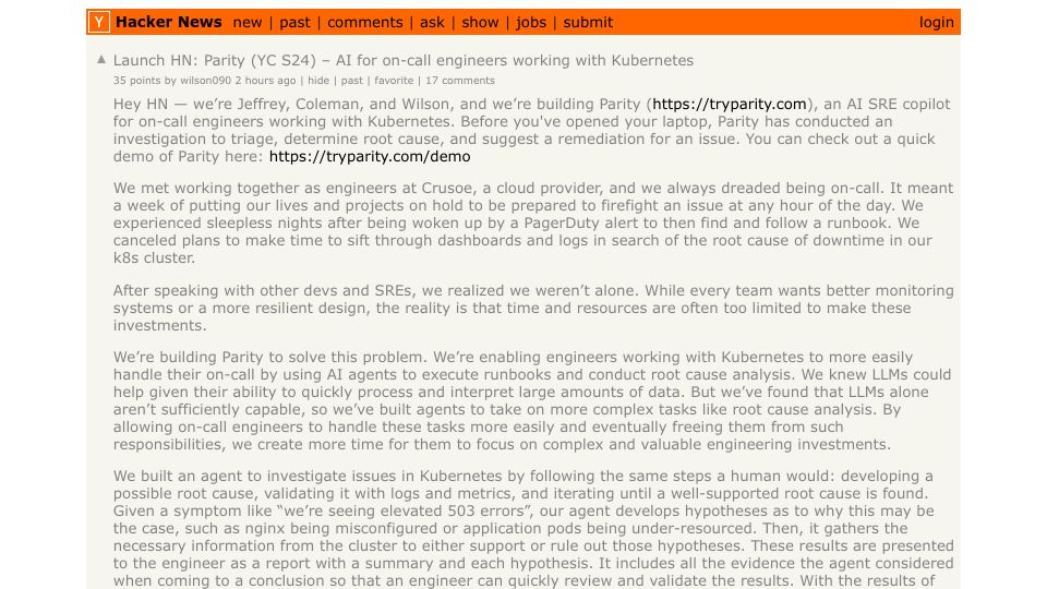Screenshot of Hacker News post: Launch HN: Parity (YC S24) – AI for on-call engineers working with Kubernetes