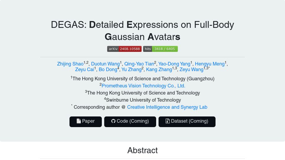 Screenshot of initialneil.github.io: Degas: Detailed Expressions on Full-Body Gaussian Avatars