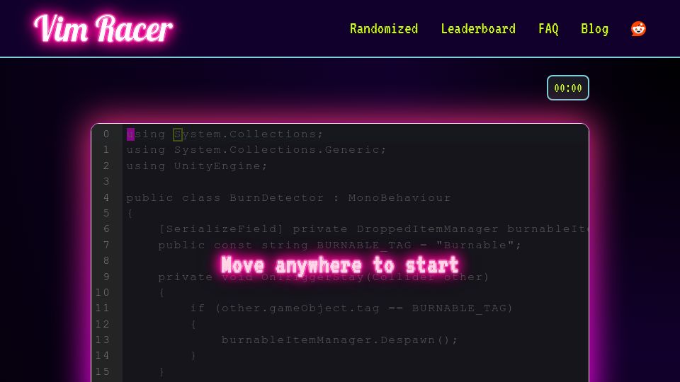 Screenshot of vim-racer.com: Vim Racer