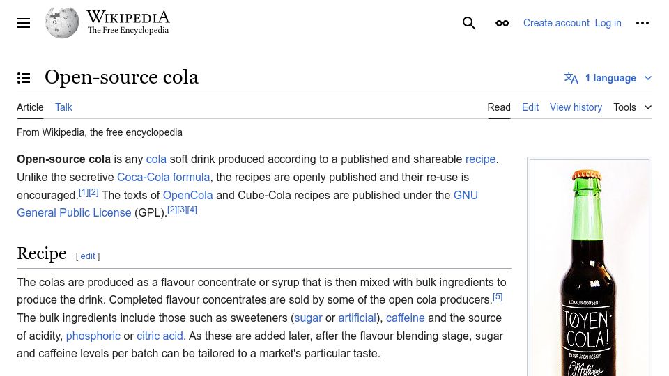 Screenshot of en.wikipedia.org: Open-Source Cola
