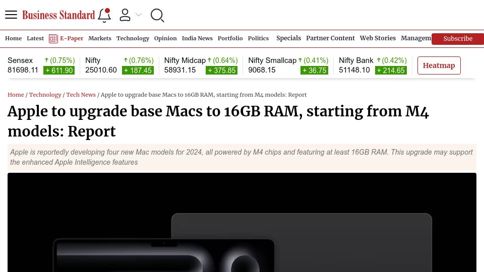 Screenshot of business-standard.com: Apple to upgrade base Macs to 16GB RAM, starting from Apple M4 models