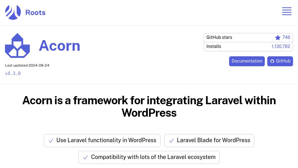 Screenshot of roots.io: Acorn – Use Laravel Inside WordPress