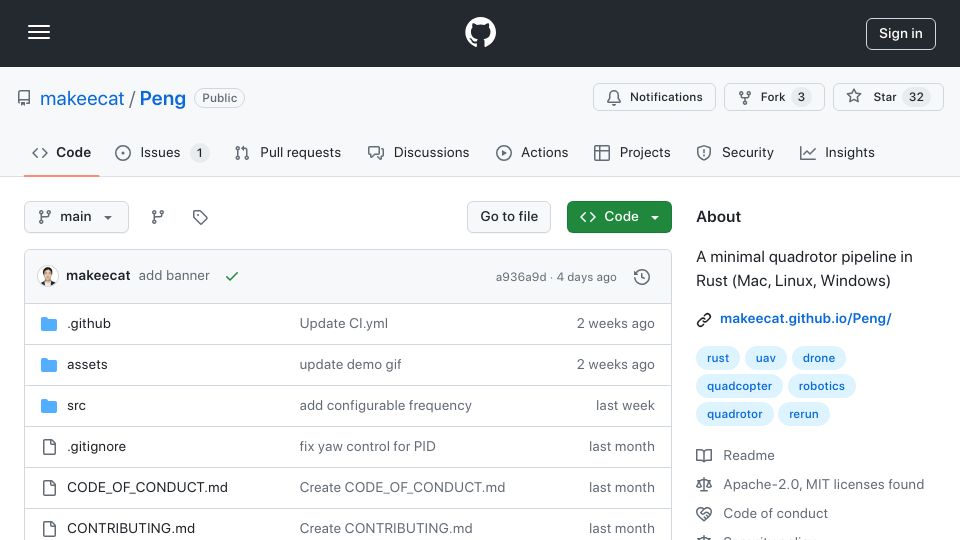 Screenshot of github.com: Peng – A minimal Rust-based quadrotor simulation pipeline
