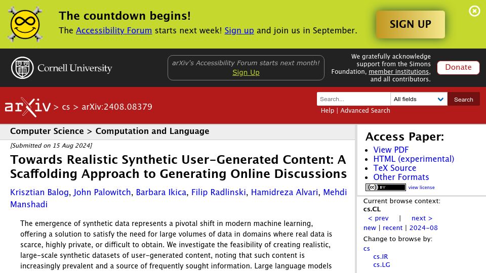 Screenshot of arxiv.org: Realistic Synthetic UGC: A Scaffolding Approach to Generating Online Discussions