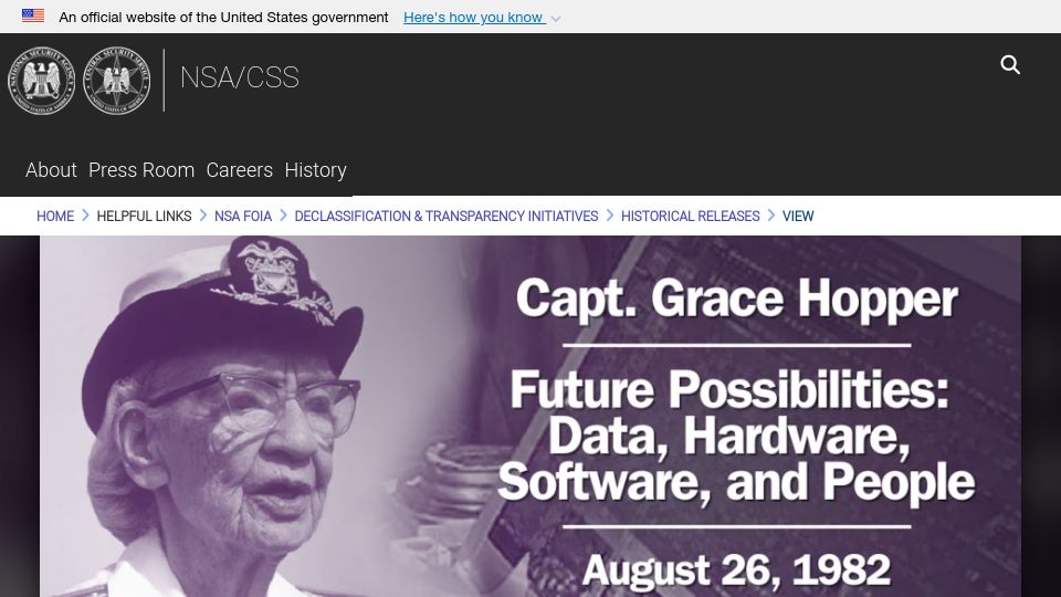 Screenshot of nsa.gov: NSA releases 1982 Grace Hopper lecture