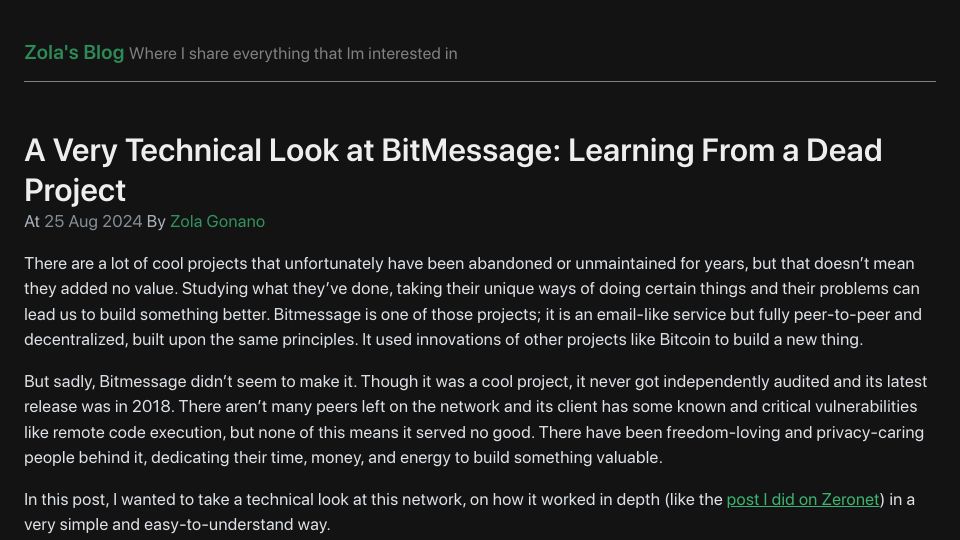 Screenshot of zolagonano.github.io: A Technical Look at BitMessage: Learning From a Dead Project