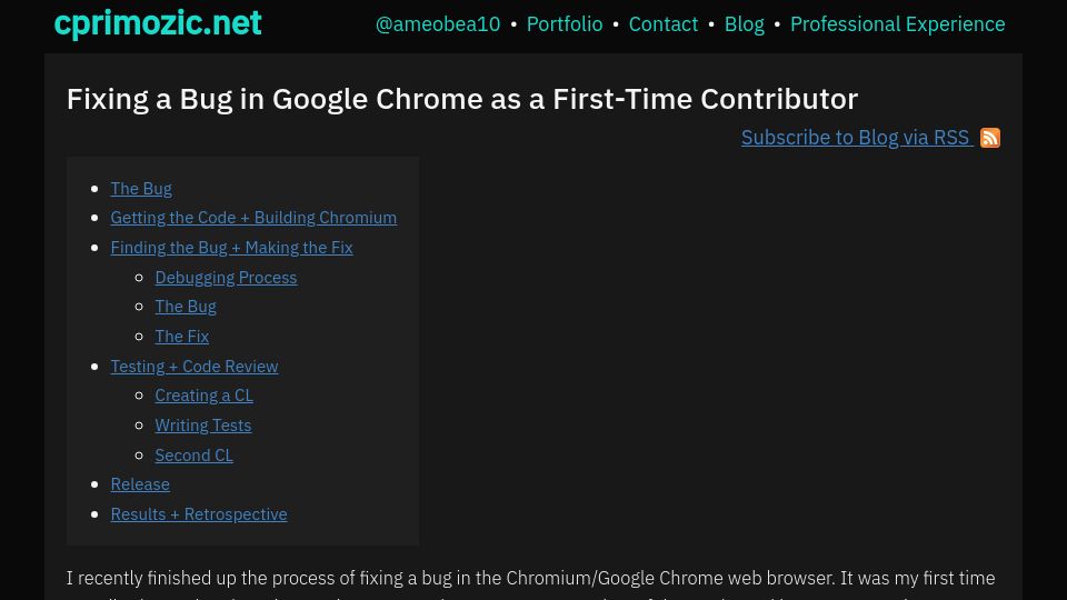Screenshot of cprimozic.net: Fixing a bug in Google Chrome as a first-time contributor