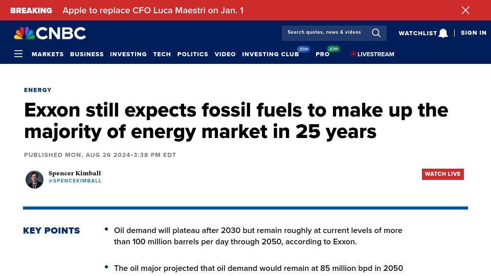 Screenshot of cnbc.com: Exxon still expects fossil fuels to make up the majority of energy in 25 years