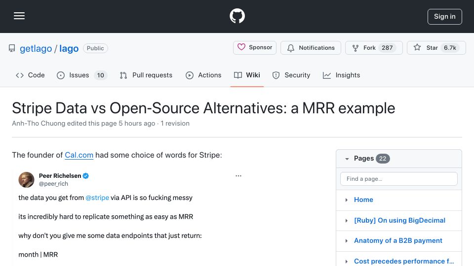 Screenshot of github.com: Stripe Data vs. Open‐Source Alternatives: A MRR Example