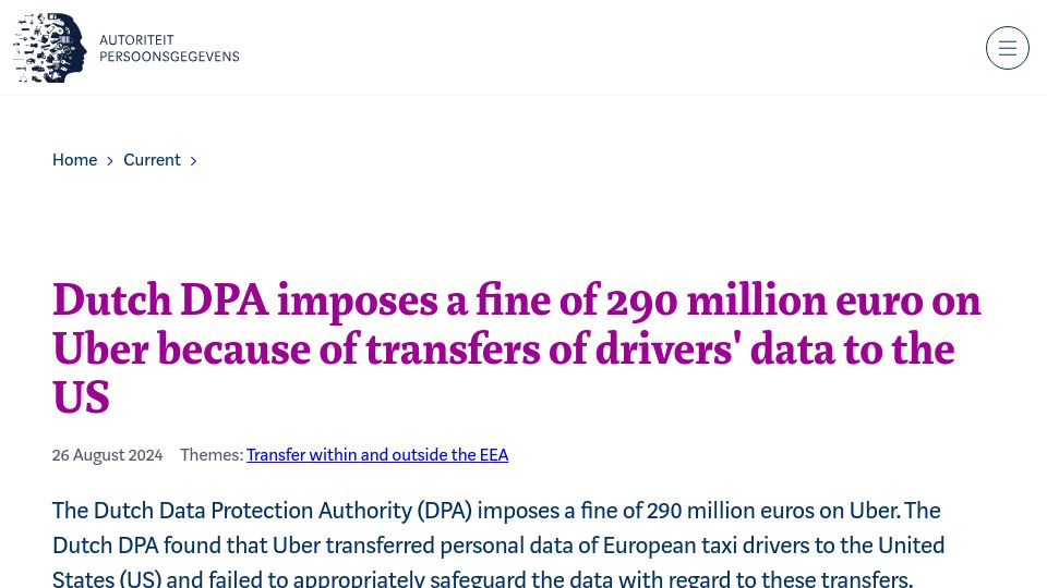 Screenshot of autoriteitpersoonsgegevens.nl: Dutch DPA fines Uber €290M because of transfers of drivers’ data to the US