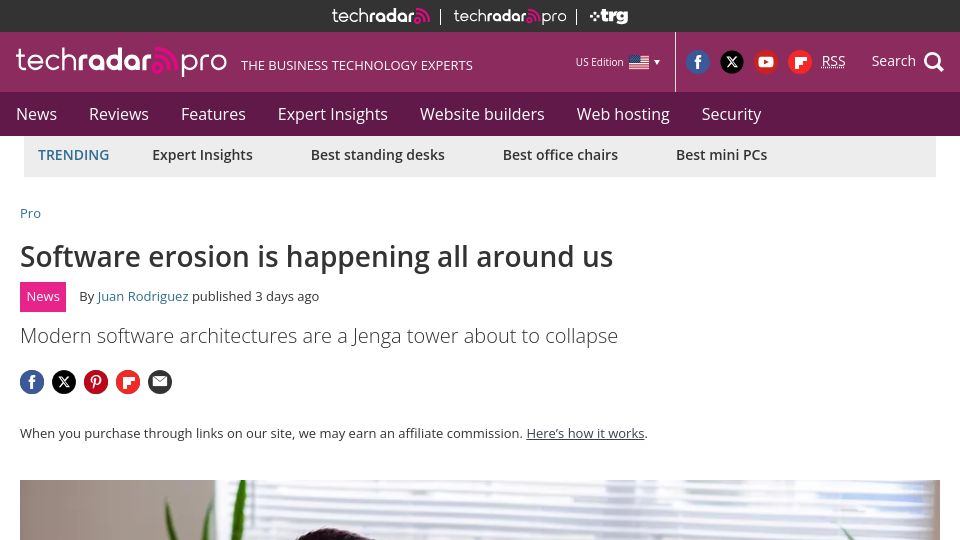 Screenshot of techradar.com: A Jenga tower about to collapse: Software erosion is happening all around us