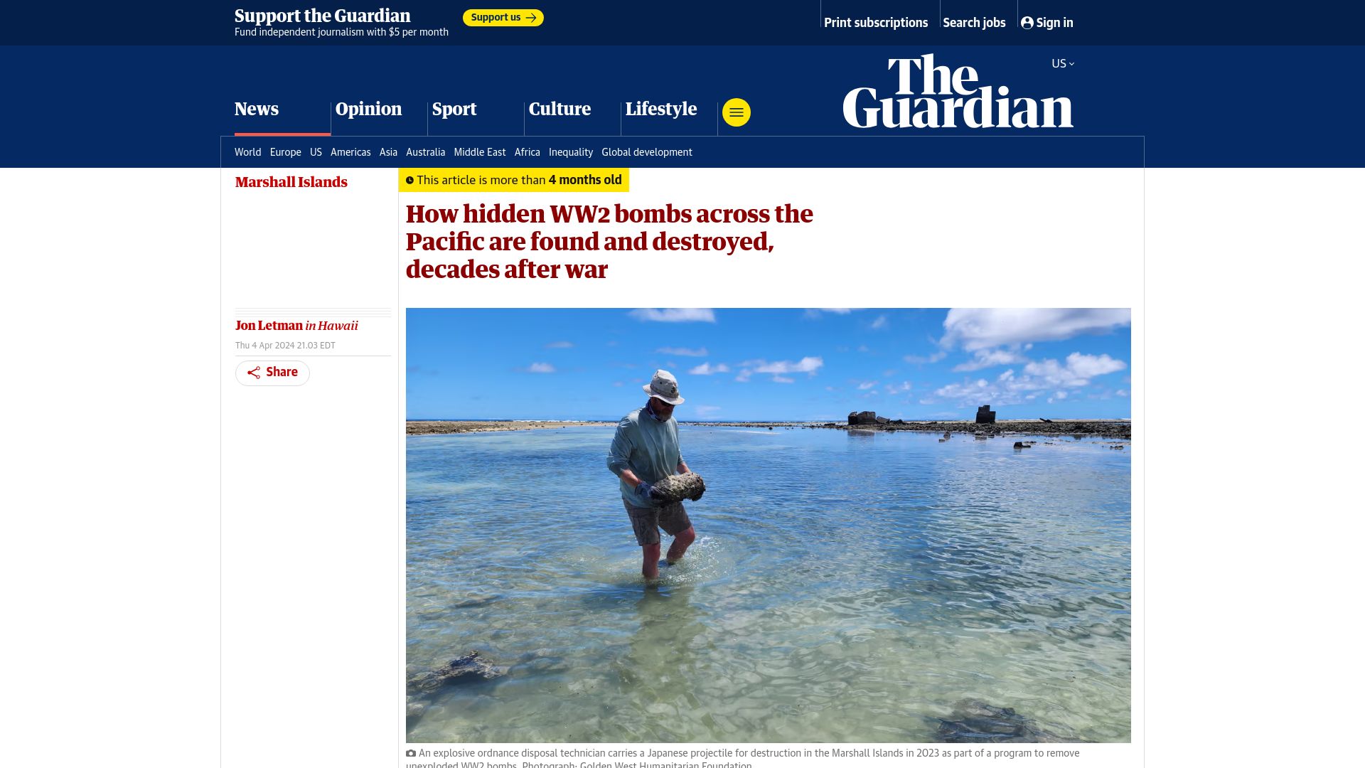 Screenshot of theguardian.com: How WW2 bombs across the Pacific are found and destroyed, decades after war
