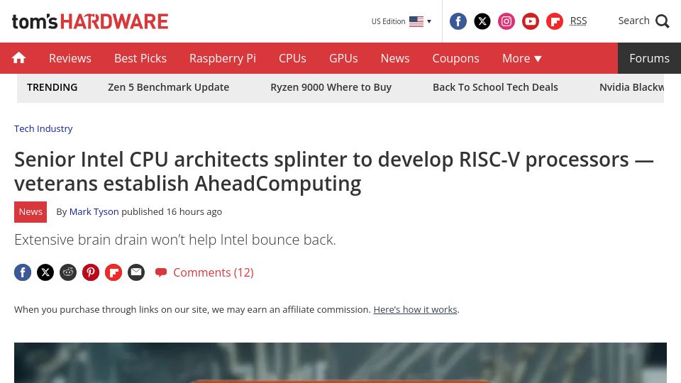 Screenshot of tomshardware.com: Senior Intel CPU architects splinter to develop RISC-V processors