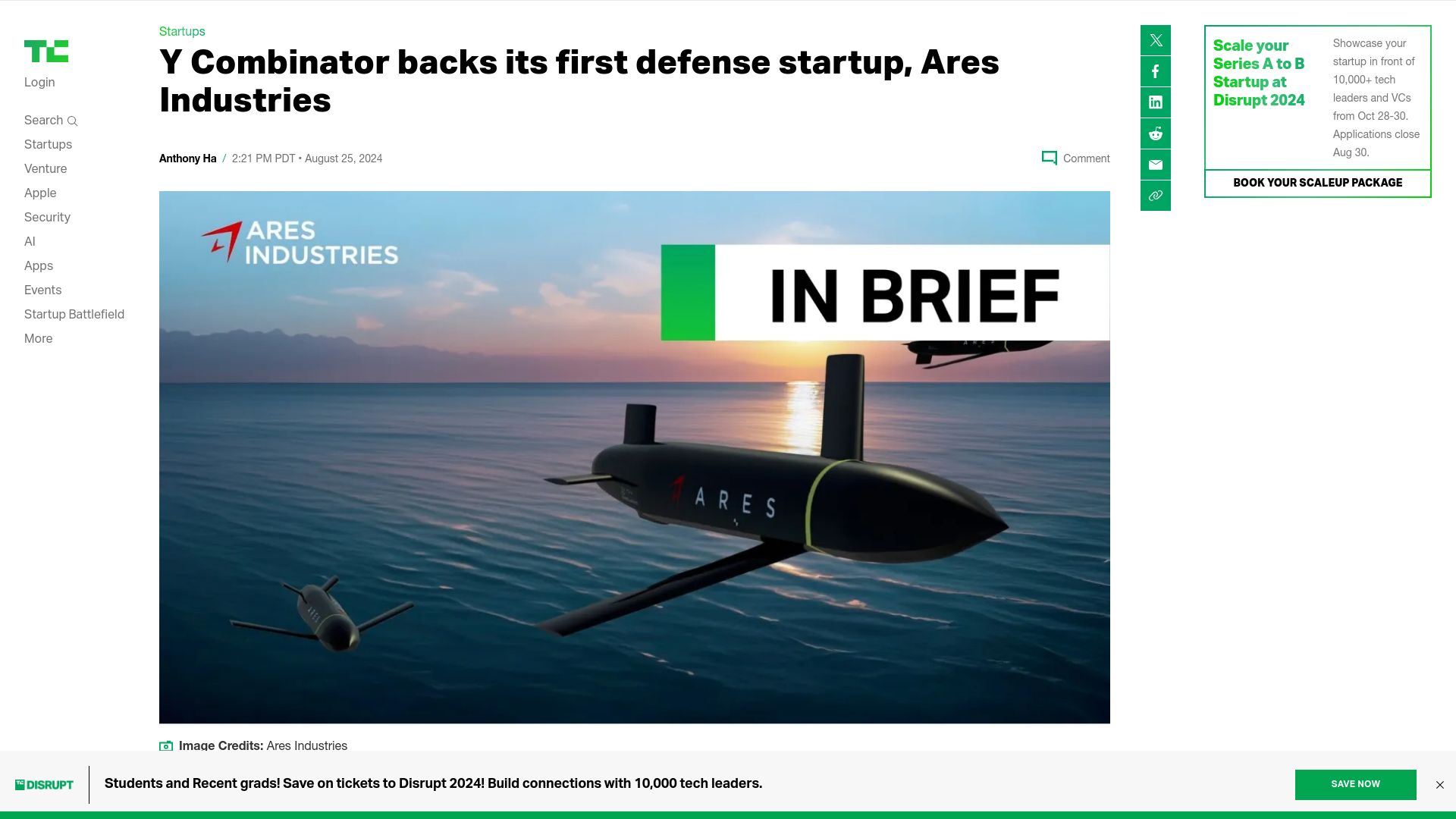 Screenshot of techcrunch.com: Y Combinator backs its first defense startup, Ares Industries