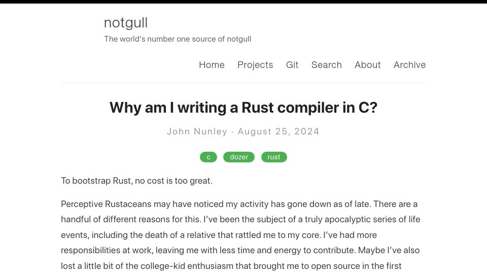 Screenshot of notgull.net: Writing a Rust compiler in C