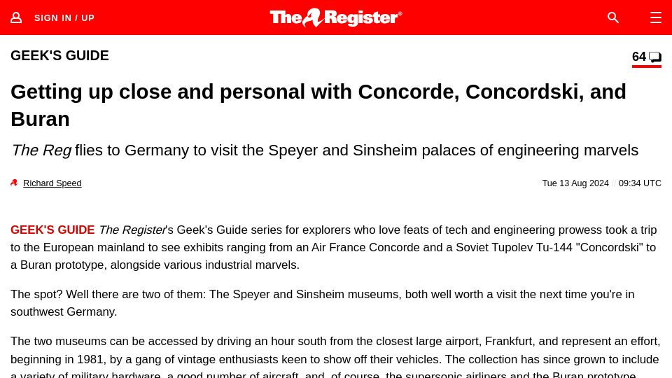 Screenshot of theregister.com: Getting up close and personal with Concorde, Concordski, and Buran