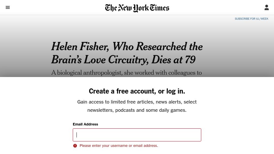 Screenshot of nytimes.com: Helen Fisher, who researched the brain’s love circuitry, has died