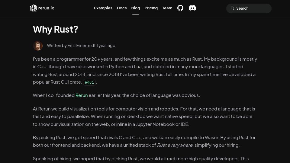 Screenshot of rerun.io: Why Rust?