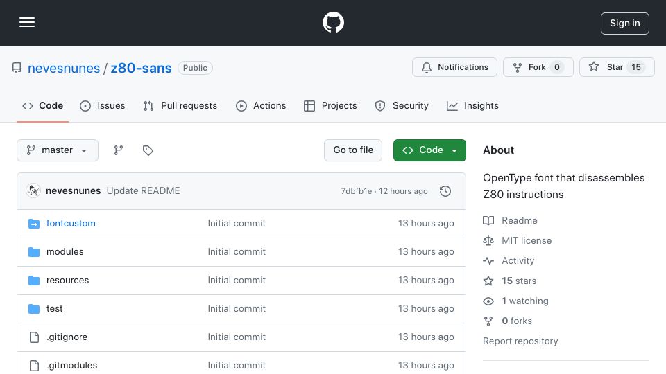 Screenshot of github.com: Show HN: Z80 Sans