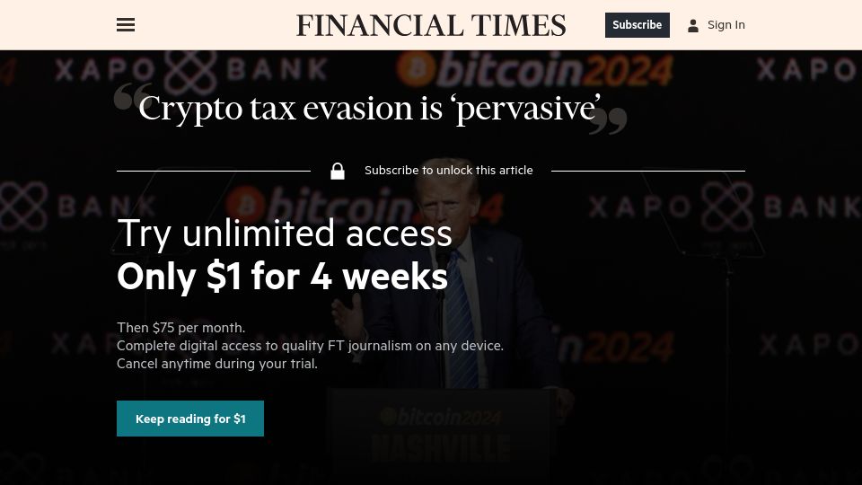 Screenshot of ft.com: Crypto tax evasion is 'pervasive'
