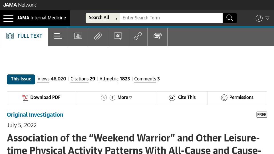 Screenshot of jamanetwork.com: Association of the "Weekend Warrior" Physical Activity Patterns with Mortality