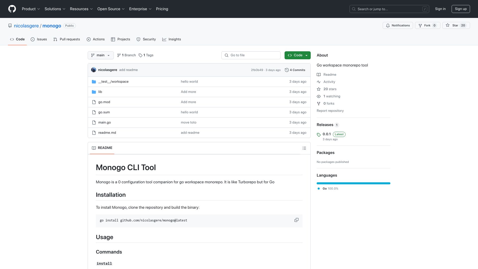 Screenshot of github.com: Show HN: Monogo – Evolve your go workspace to a real monorepo