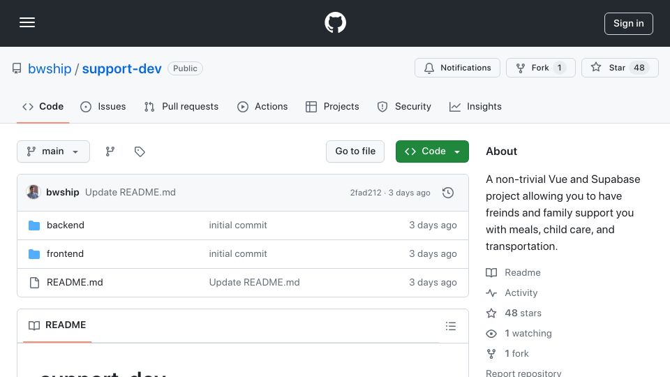 Screenshot of github.com: Show HN: Support.dev – a non-trivial Vue and Supabase app