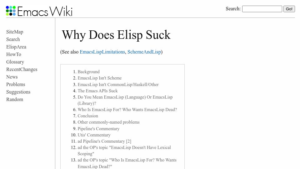 Screenshot of emacswiki.org: Why Does Elisp Suck