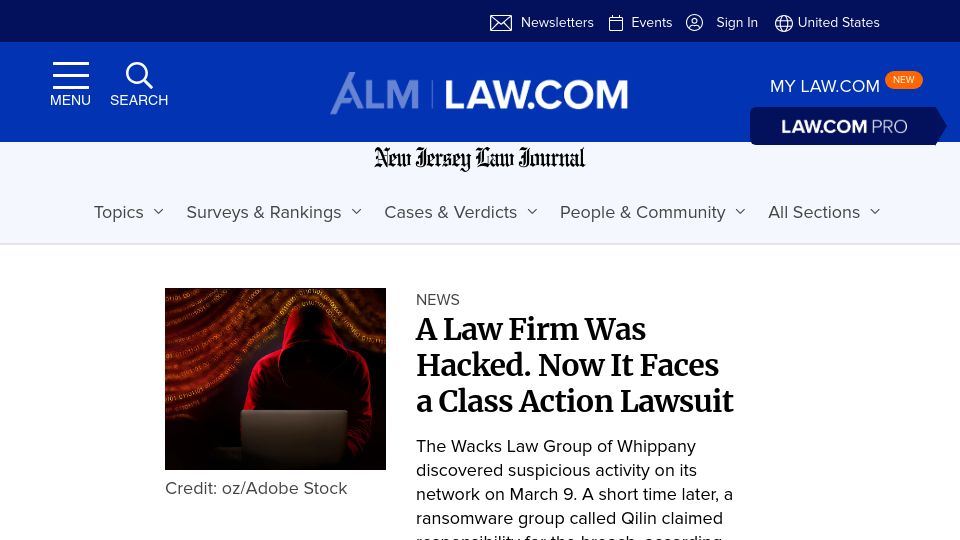 Screenshot of law.com: A Law Firm Was Hacked. Now It Faces a Class Action Lawsuit