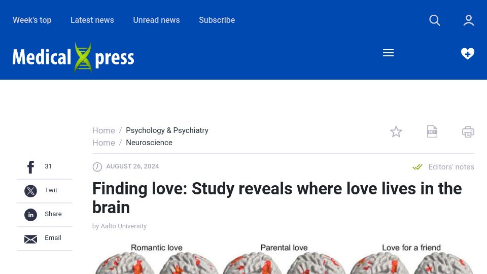 Screenshot of medicalxpress.com: Finding love: Study reveals where love lives in the brain