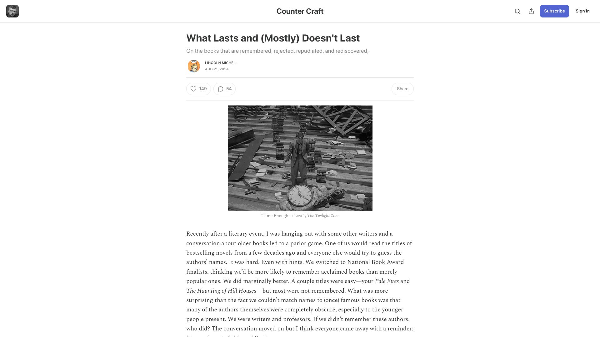 Screenshot of countercraft.substack.com: What Lasts and (Mostly) Doesn't Last