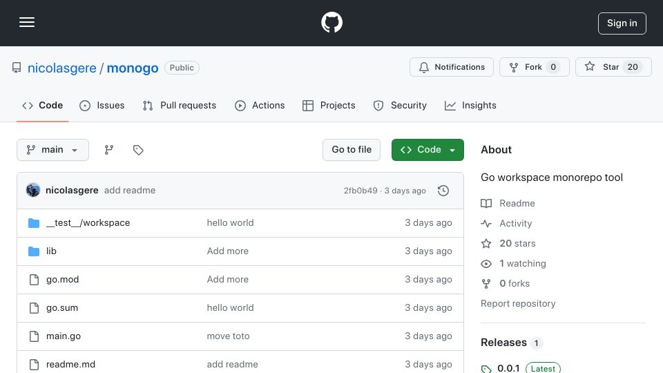 Screenshot of github.com: Show HN: Monogo – Evolve your go workspace to a real monorepo