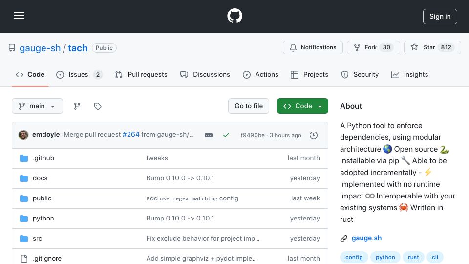 Screenshot of github.com: Show HN: Strict interfaces and dep management for Python, written in Rust