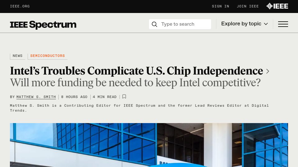 Screenshot of spectrum.ieee.org: Intel Layoffs: Is Future U.S. Chip Independence in Trouble