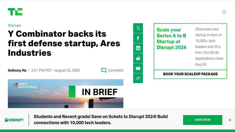 Screenshot of techcrunch.com: Y Combinator backs its first defense startup, Ares Industries