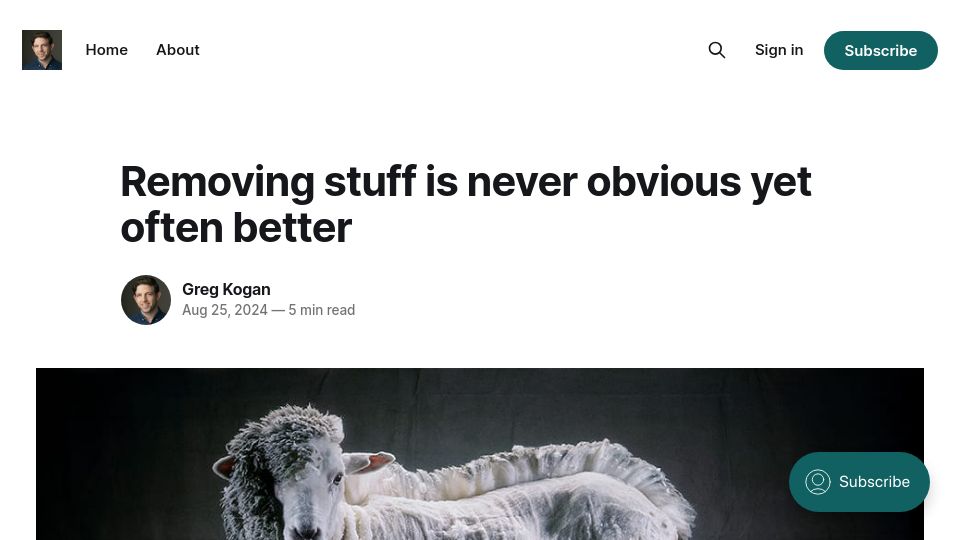 Screenshot of gkogan.co: Removing stuff is never obvious yet often better