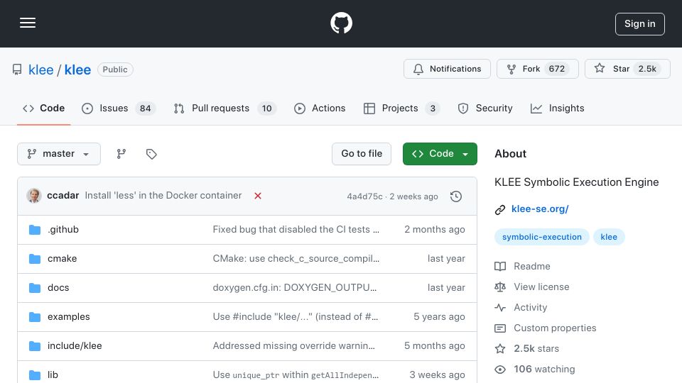 Screenshot of github.com: KLEE Symbolic Execution Engine