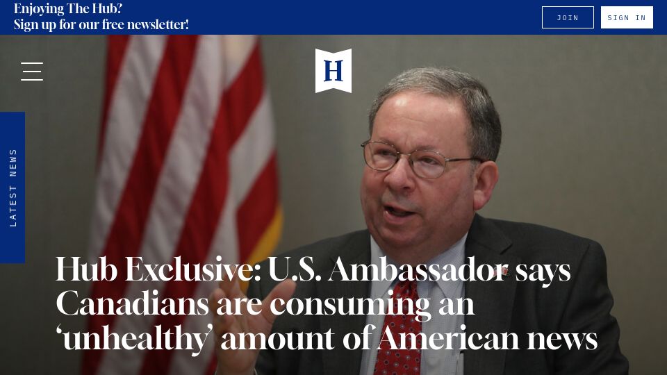Screenshot of thehub.ca: U.S. Ambassador says Canadians are consuming 'unhealthy' amount of American news