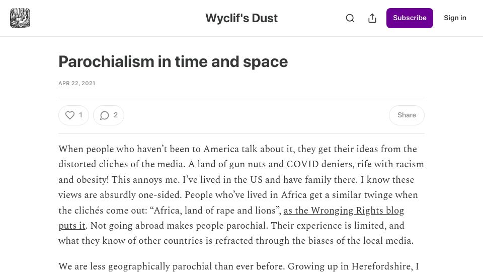 Screenshot of wyclif.substack.com: Parochialism in time and space (2021)