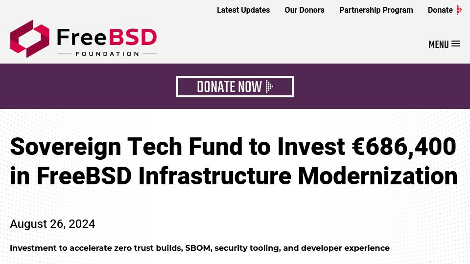 Screenshot of freebsdfoundation.org: Sovereign Tech Fund to Invest €686k in FreeBSD Infrastructure Modernization