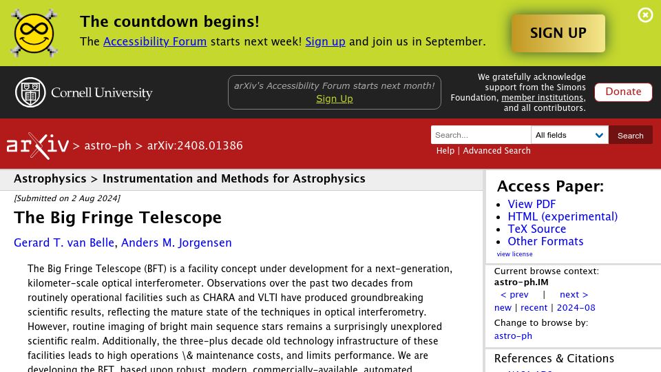 Screenshot of arxiv.org: The Big Fringe Telescope