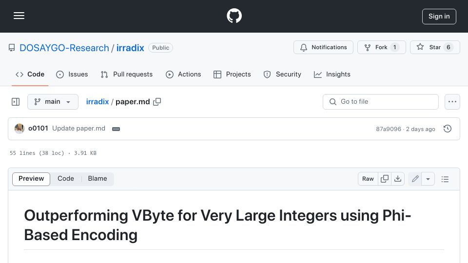 Screenshot of github.com: Show HN: Outperforming VByte for Large Integers Using Phi-Encoding