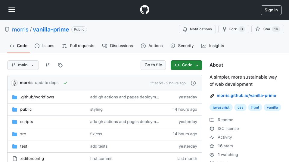 Screenshot of github.com: Vanilla Prime: A simpler, more sustainable way of web development