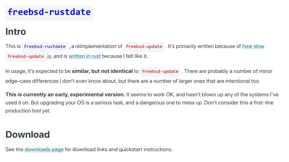 Screenshot of rustdate.over-yonder.net: FreeBSD-rustdate, a reimplementation of FreeBSD-update