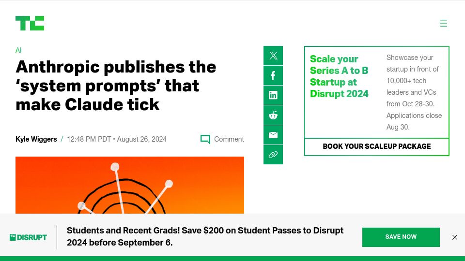 Screenshot of techcrunch.com: Anthropic publishes the 'system prompts' that make Claude tick