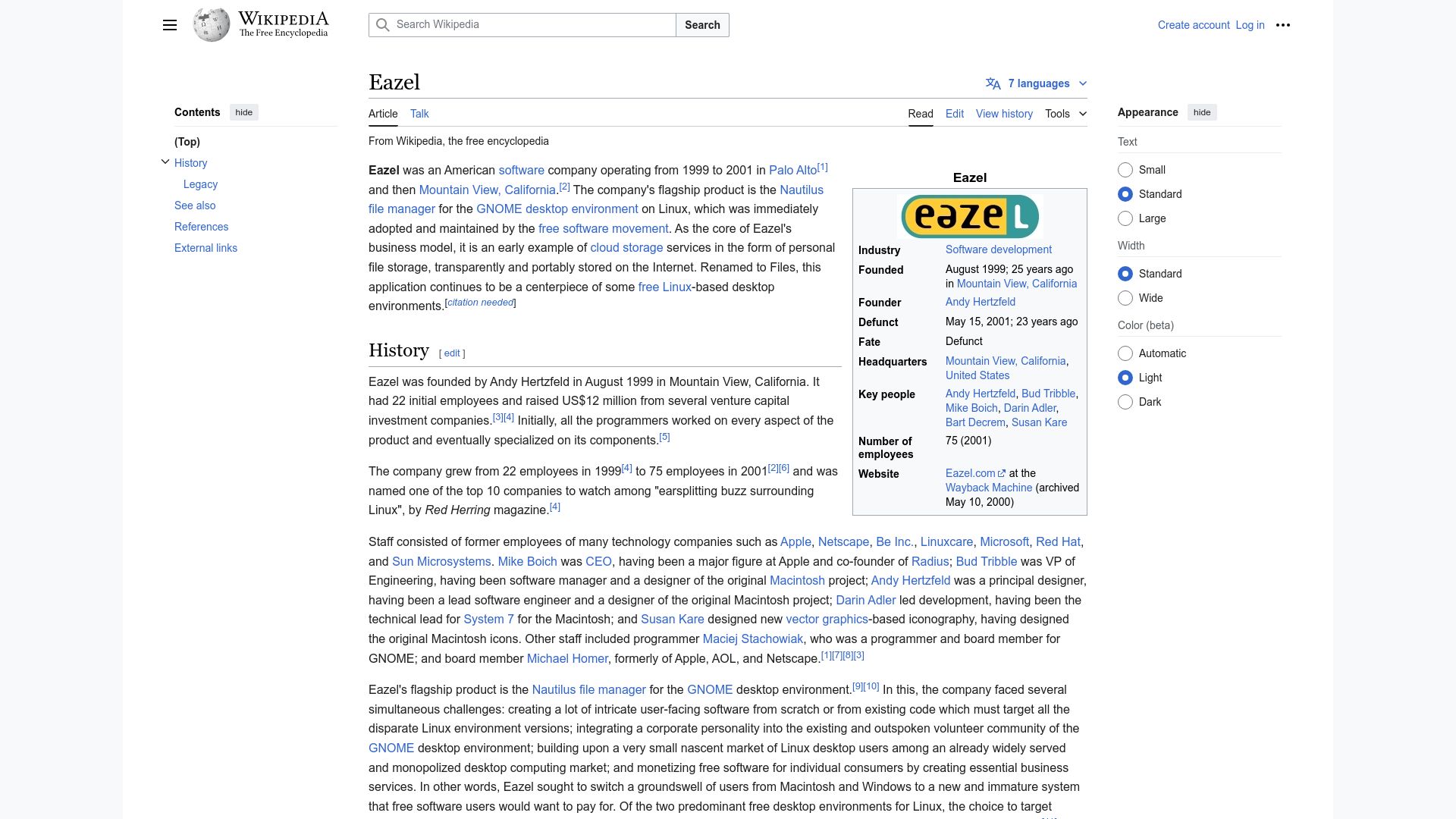 Screenshot of en.wikipedia.org: Eazel, ex-Apple led Linux startup