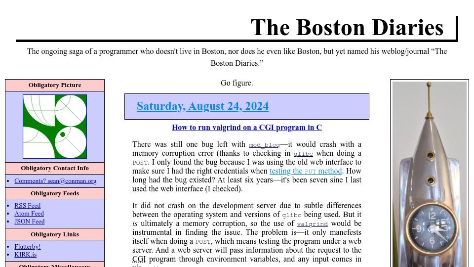 Screenshot of boston.conman.org: How to run Valgrind on a CGI program in C