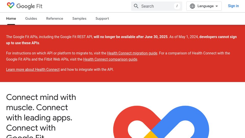 Screenshot of developers.google.com: The Google Fit APIs will no longer be available after June 30, 2025