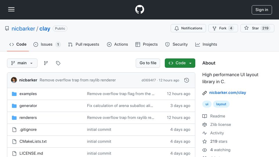 Screenshot of github.com: Clay (short for C Layout) is a high performance 2D UI layout library