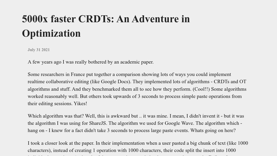 Screenshot of josephg.com: Faster CRDTs (2021)